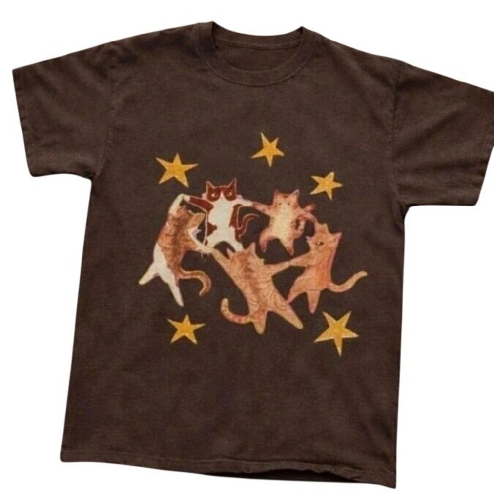 Gildan Graphic Brown Excellent Dancing Cats Stars Whimsigoth T-Shirt - Picture 1 of 1